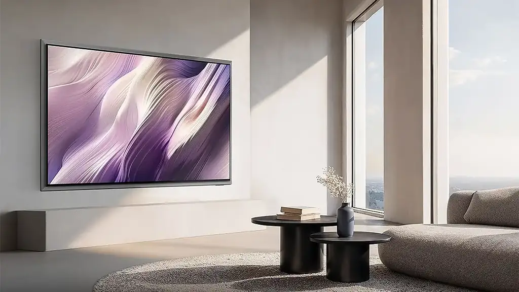 OLED televizor na zidu dnevnog boravka uz veliki prozor